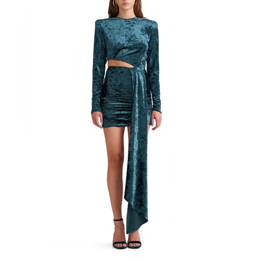 Ronny Kobo Yesenia Teal Crushed Velvet Cutout Mini Dress with Drape